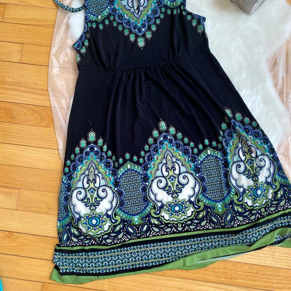 Sleeveless Black Dress with Blue and Green Ornate Pattern